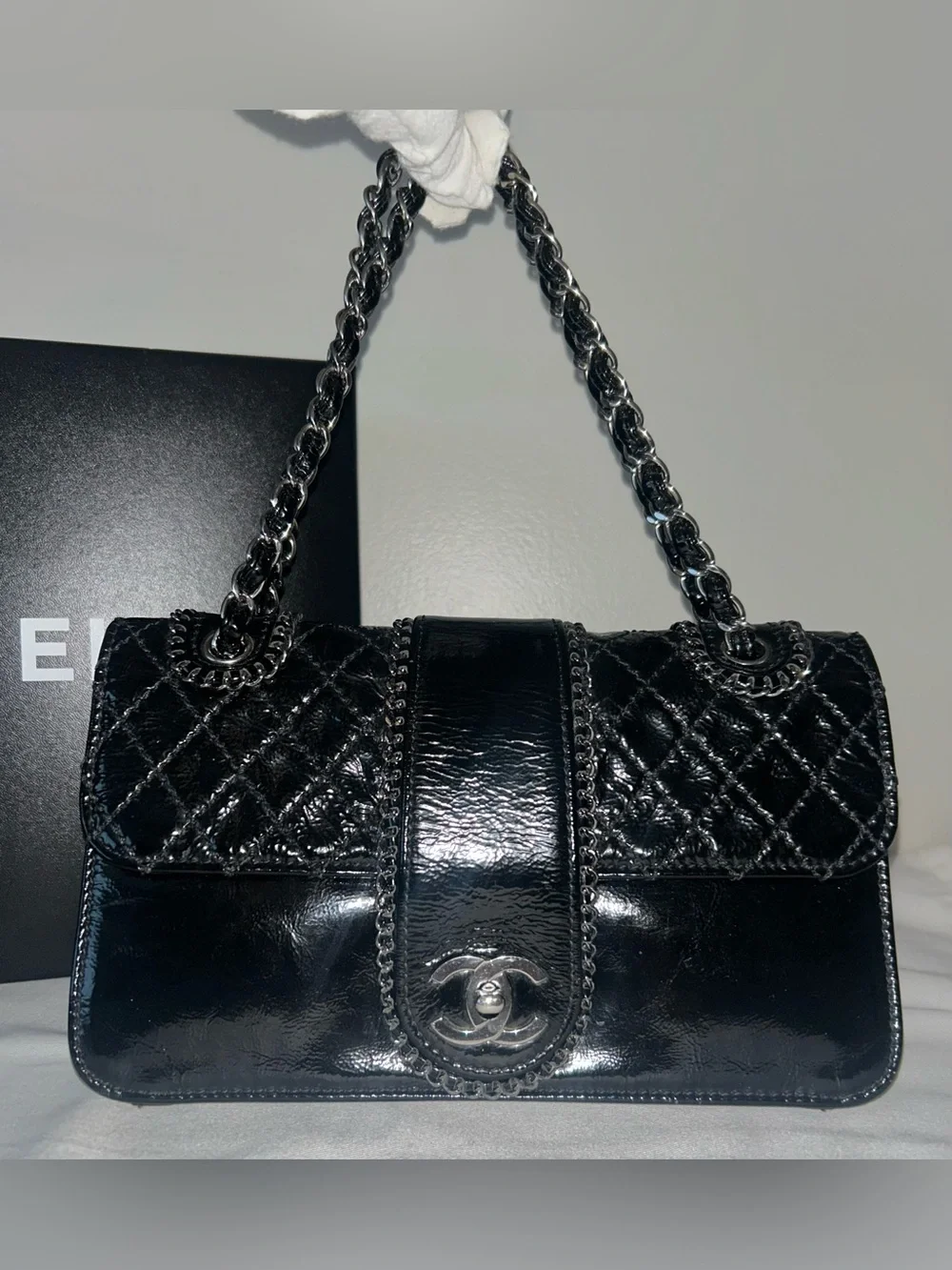 CHANEL Madison Medium Quilted Flap Shoulder Bag Patent Leather Black